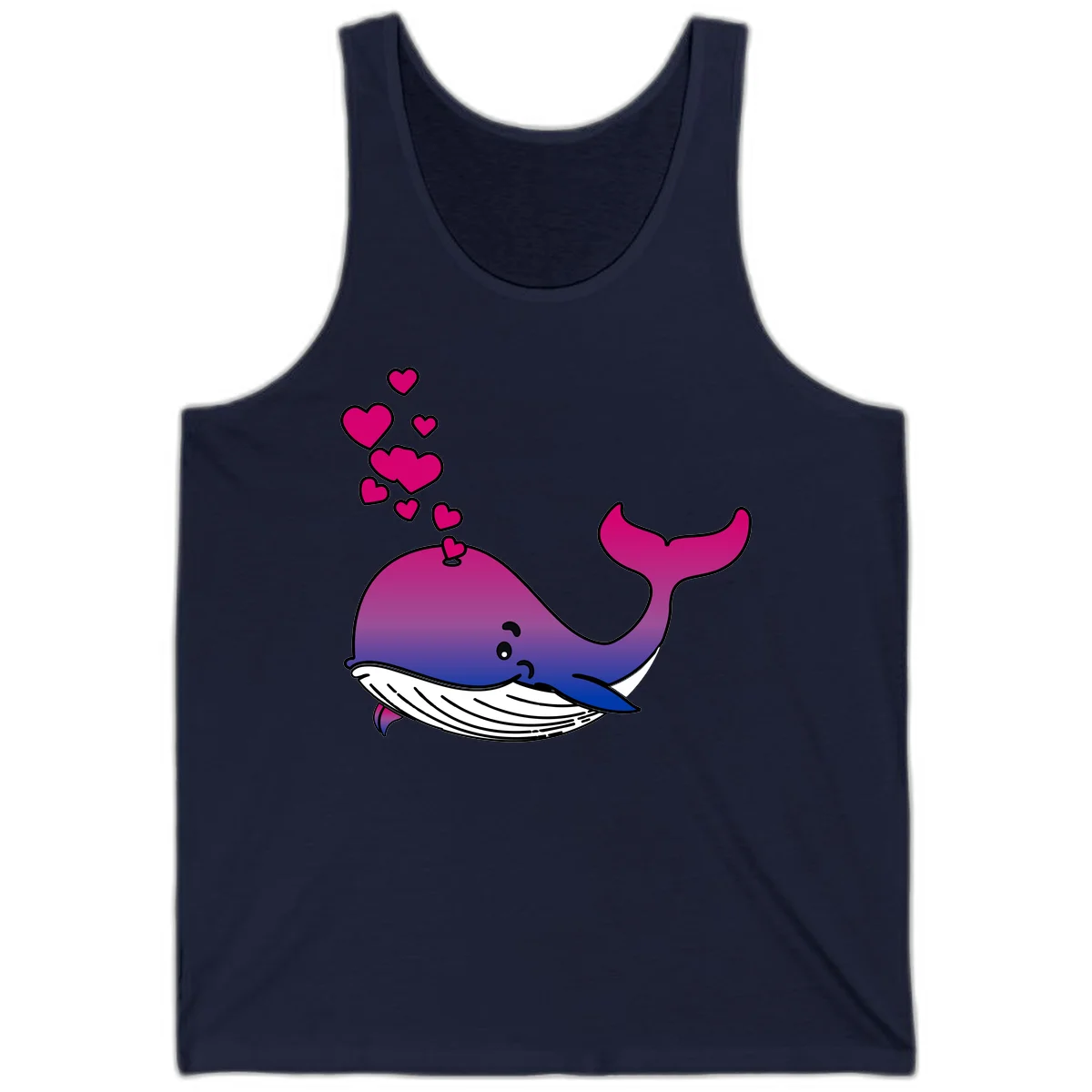 Illustration of a gradient magenta and blue whale spouting pink hearts, representing love and ocean wildlife in Navy