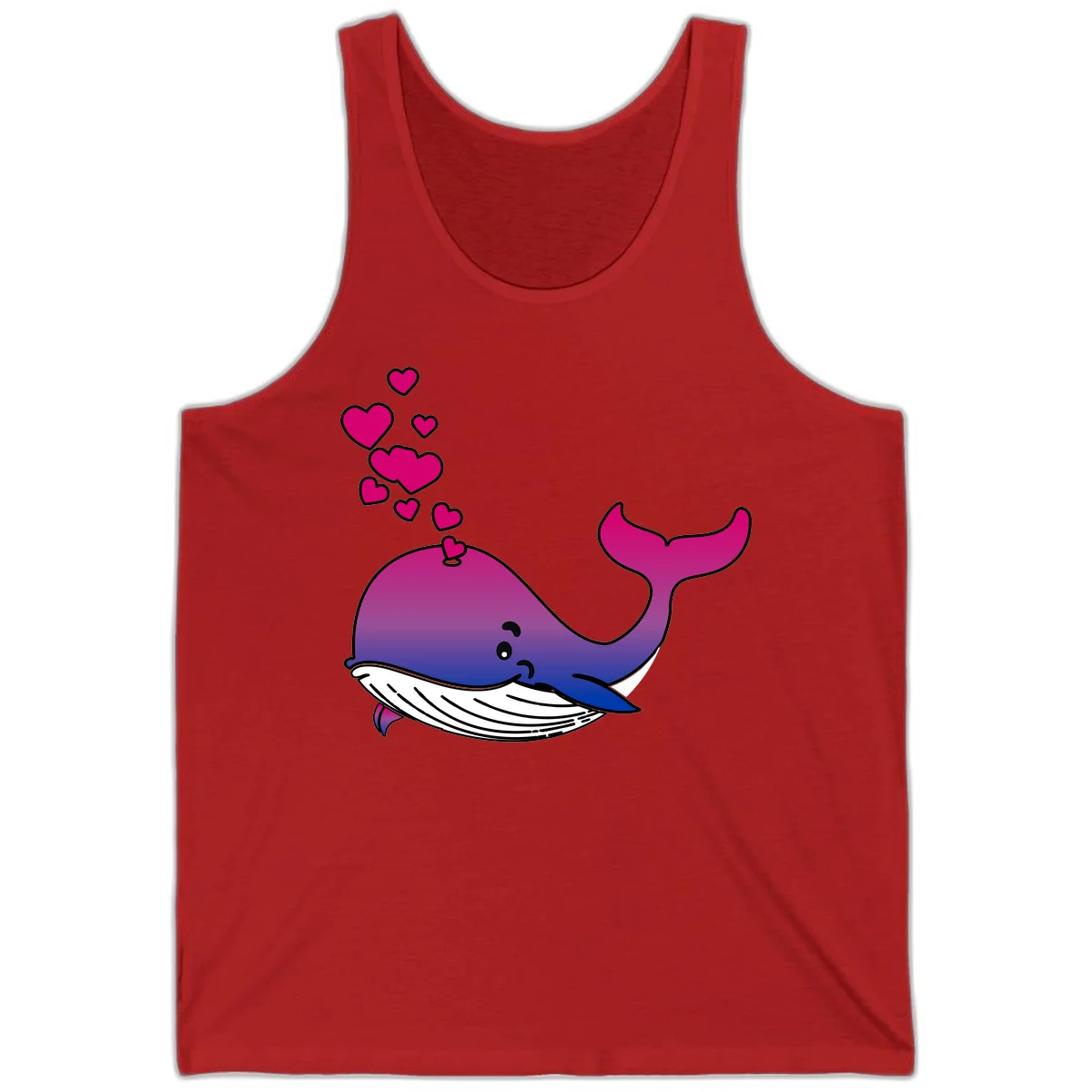 Illustration of a gradient magenta and blue whale spouting pink hearts, representing love and ocean wildlife in Red