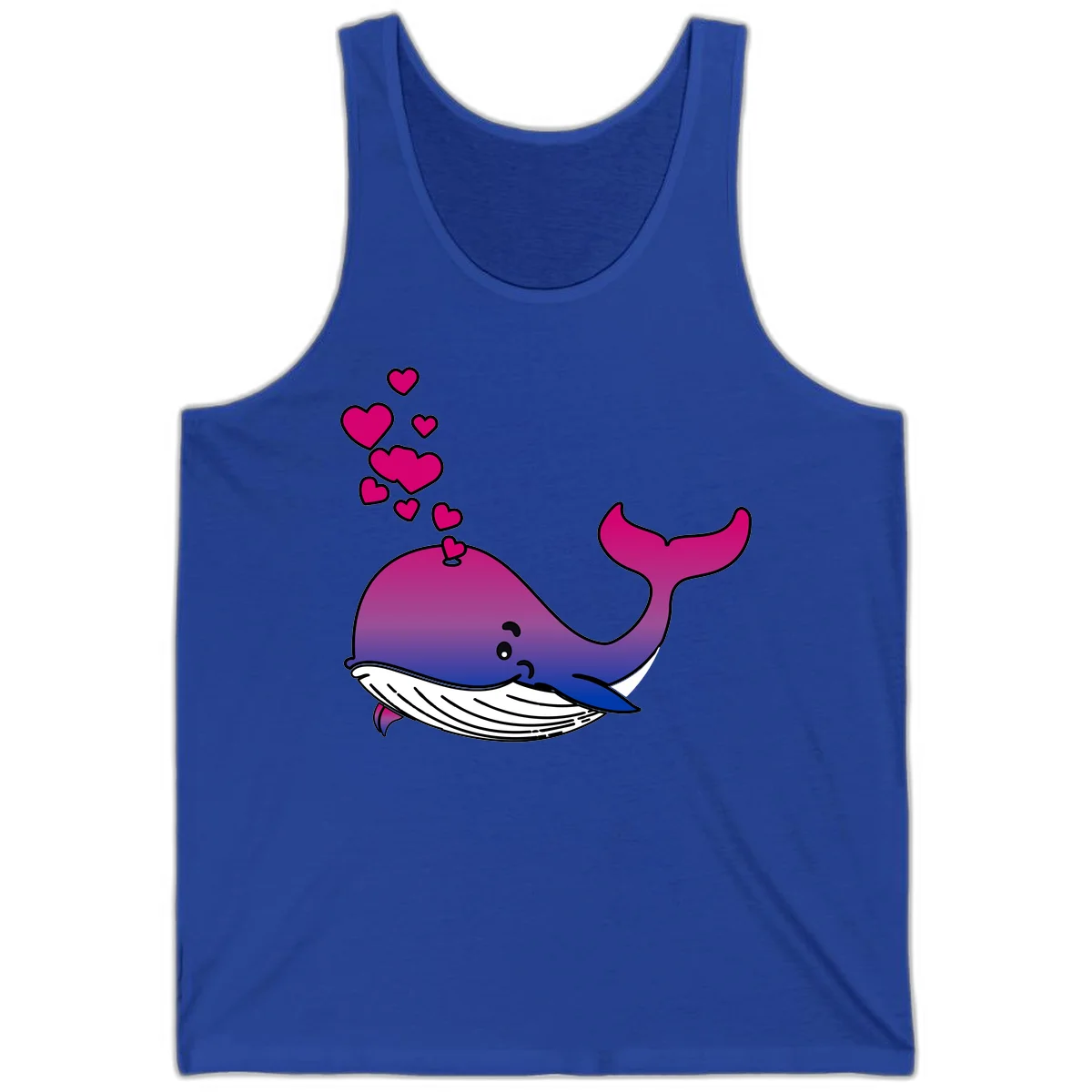 Illustration of a gradient magenta and blue whale spouting pink hearts, representing love and ocean wildlife in True Royal