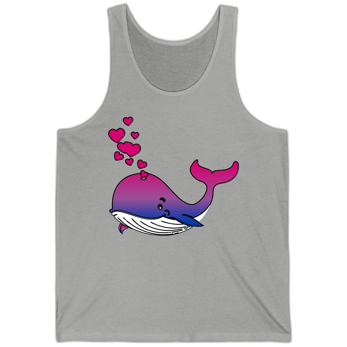 Illustration of a gradient magenta and blue whale spouting pink hearts, representing love and ocean wildlife in Athletic Heather