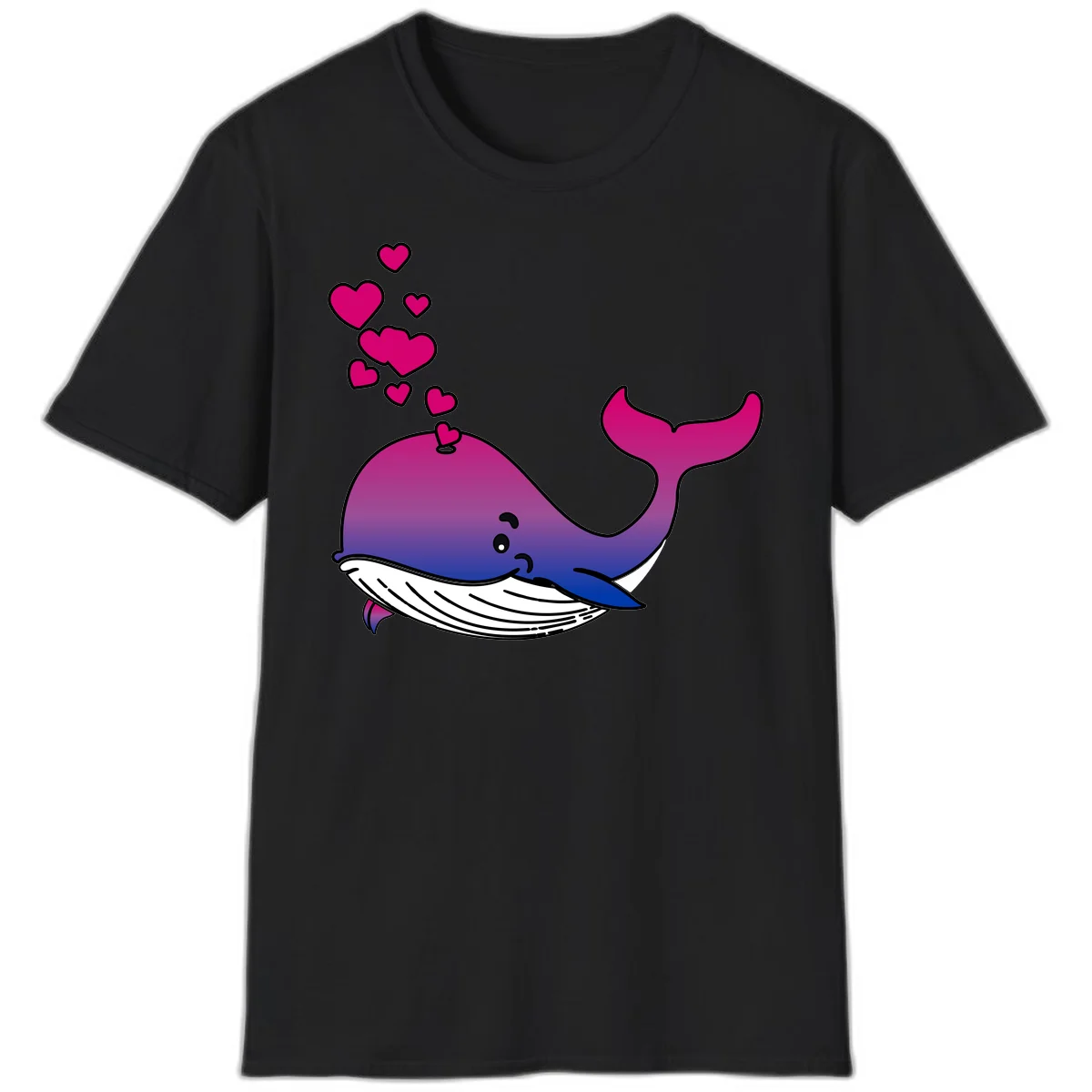 Illustration of a gradient magenta and blue whale spouting pink hearts, representing love and ocean wildlife in Black