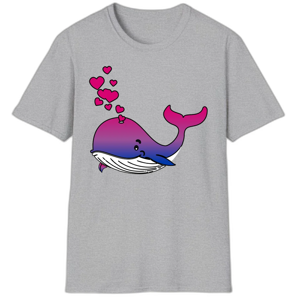 Illustration of a gradient magenta and blue whale spouting pink hearts, representing love and ocean wildlife in Sport Grey