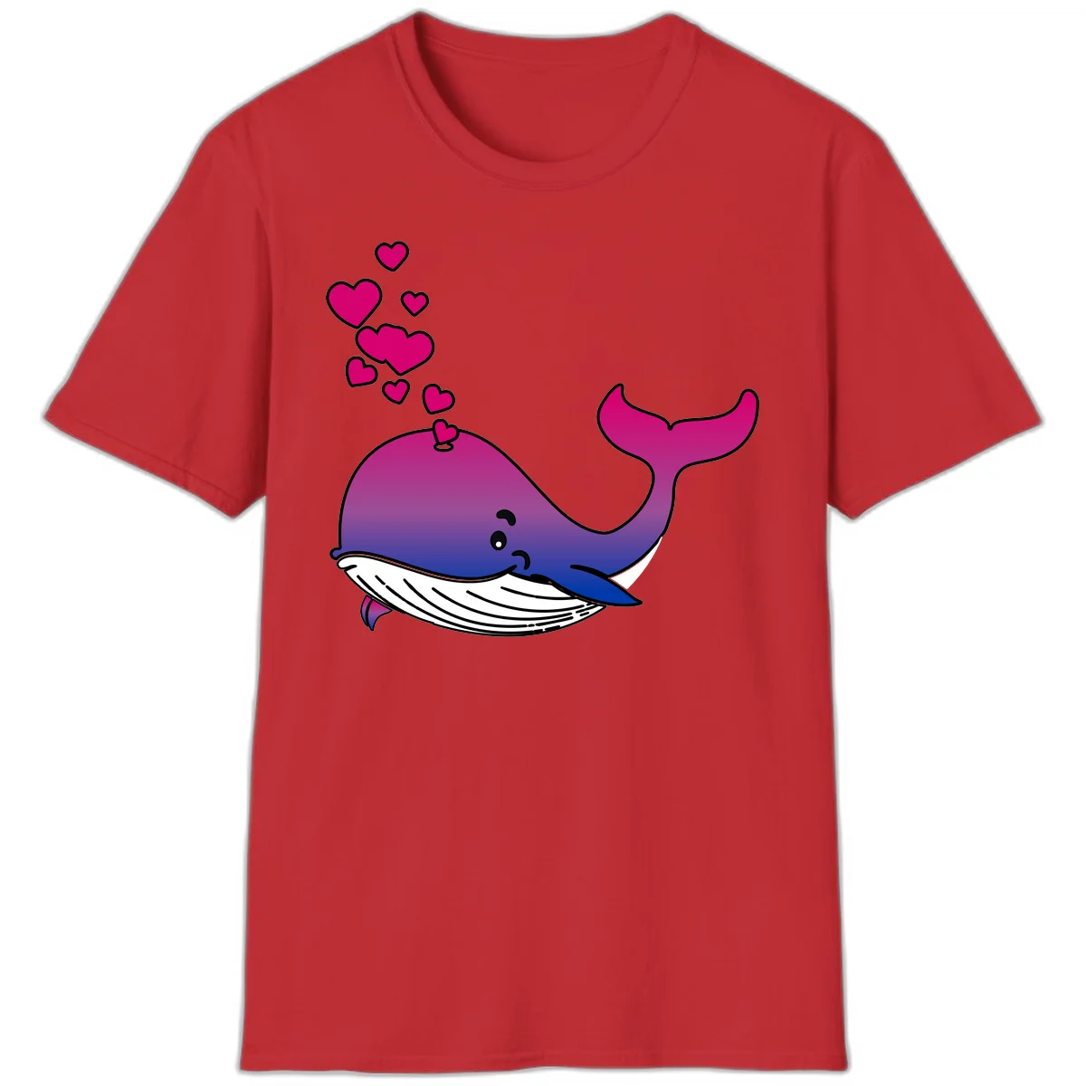 Illustration of a gradient magenta and blue whale spouting pink hearts, representing love and ocean wildlife in Red