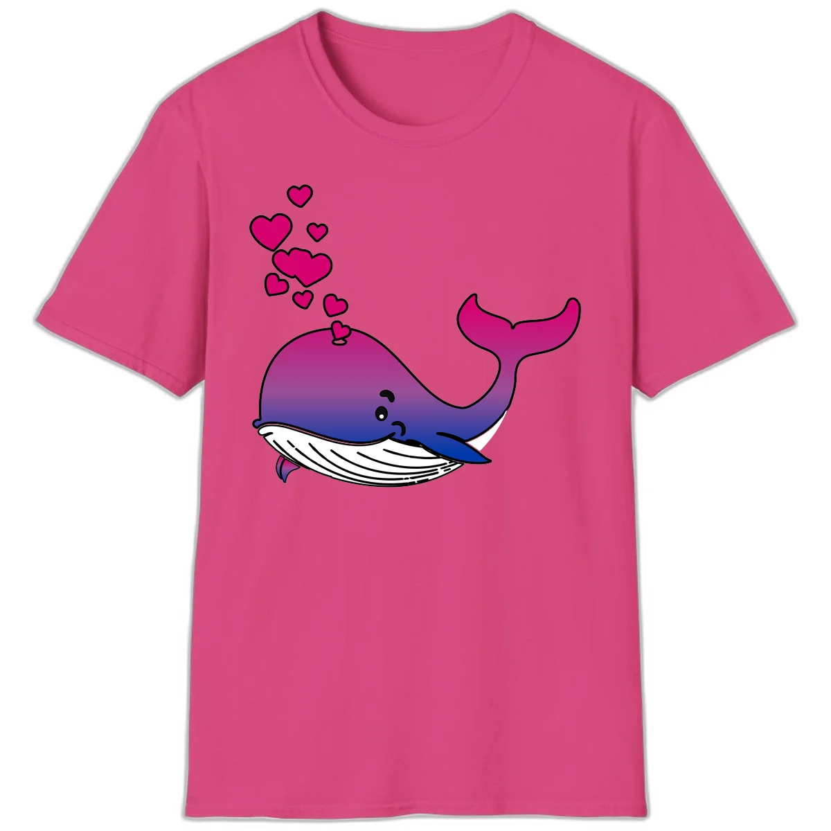 Illustration of a gradient magenta and blue whale spouting pink hearts, representing love and ocean wildlife in Heliconia