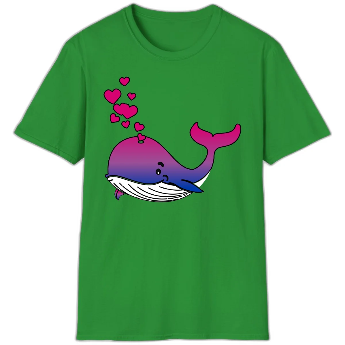 Illustration of a gradient magenta and blue whale spouting pink hearts, representing love and ocean wildlife in Irish Green