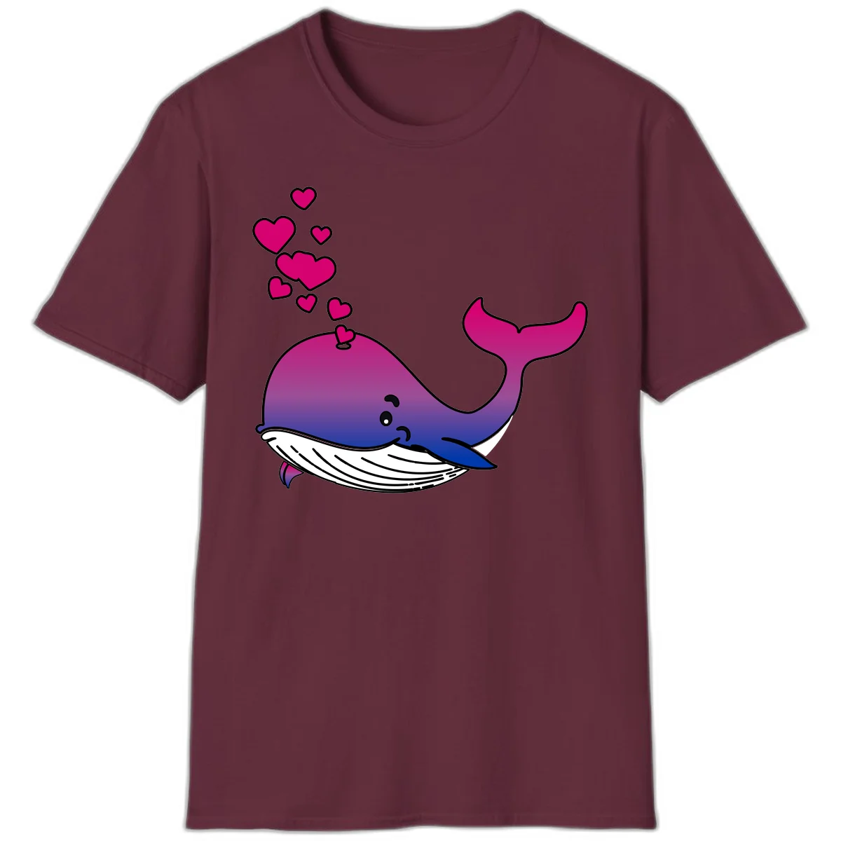 Illustration of a gradient magenta and blue whale spouting pink hearts, representing love and ocean wildlife in Maroon