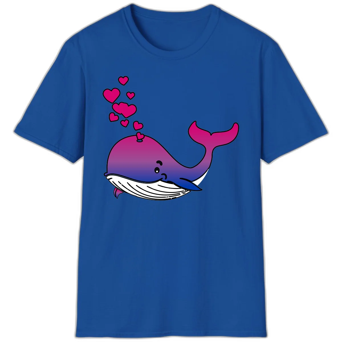 Illustration of a gradient magenta and blue whale spouting pink hearts, representing love and ocean wildlife in Royal