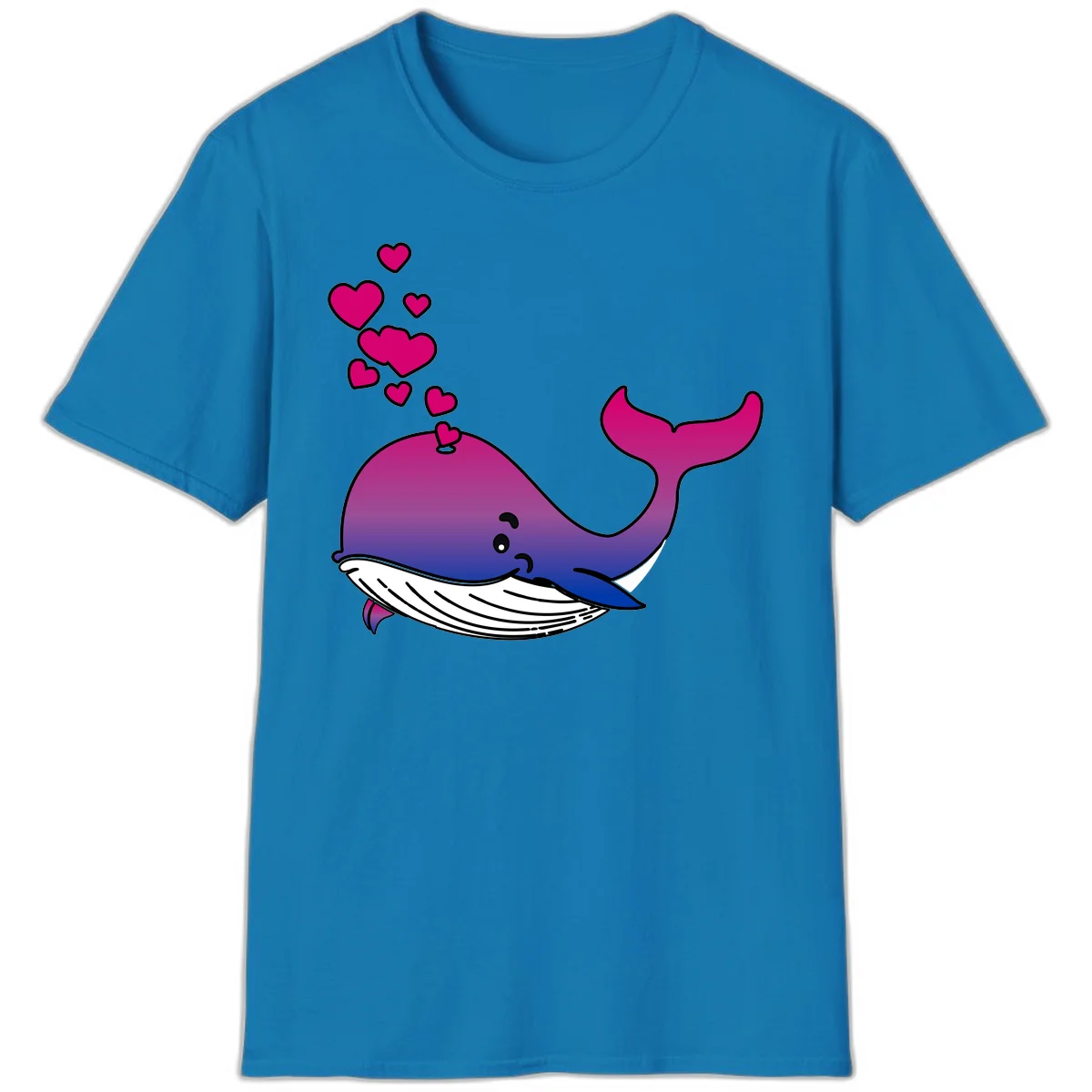 Illustration of a gradient magenta and blue whale spouting pink hearts, representing love and ocean wildlife in Sapphire