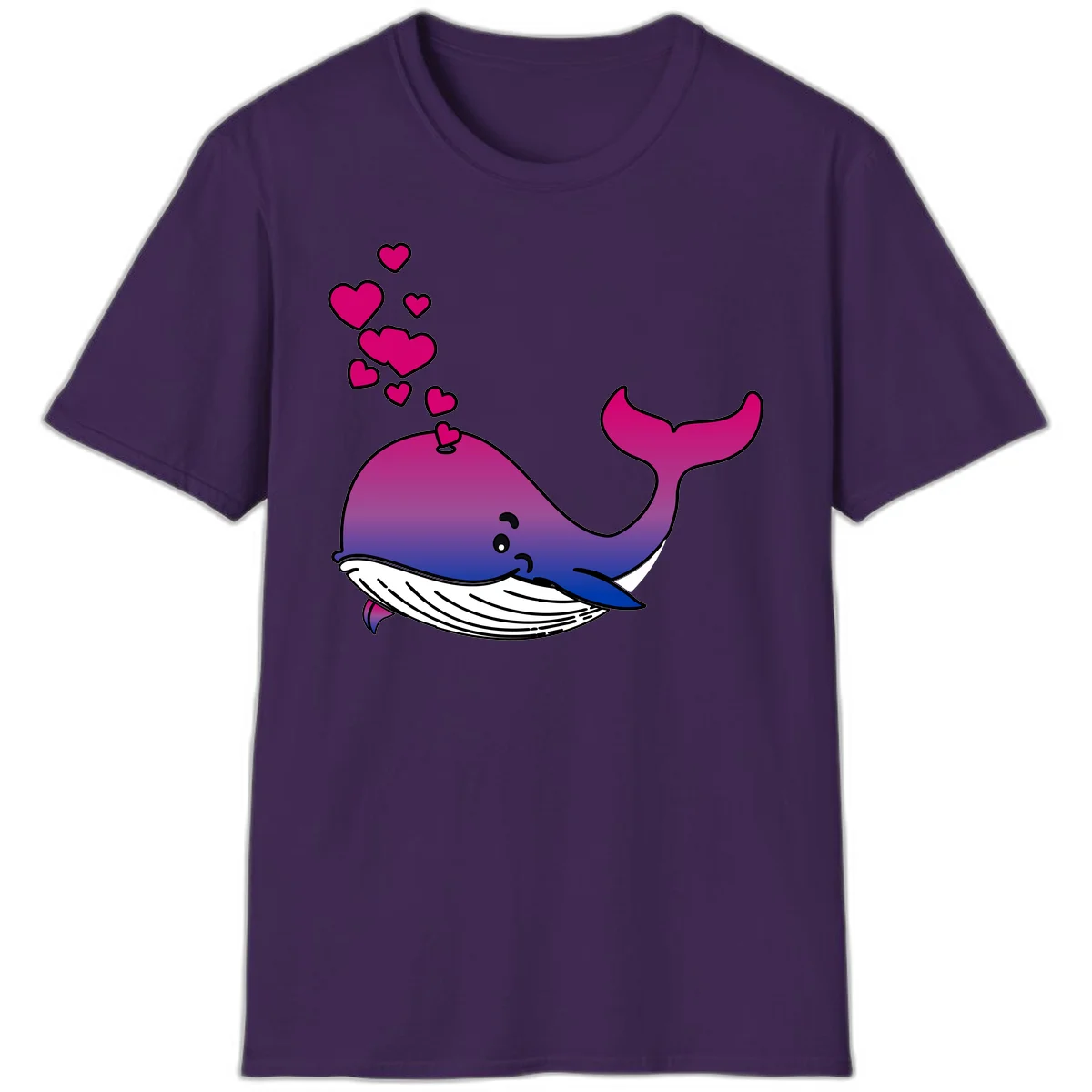 Illustration of a gradient magenta and blue whale spouting pink hearts, representing love and ocean wildlife in Purple