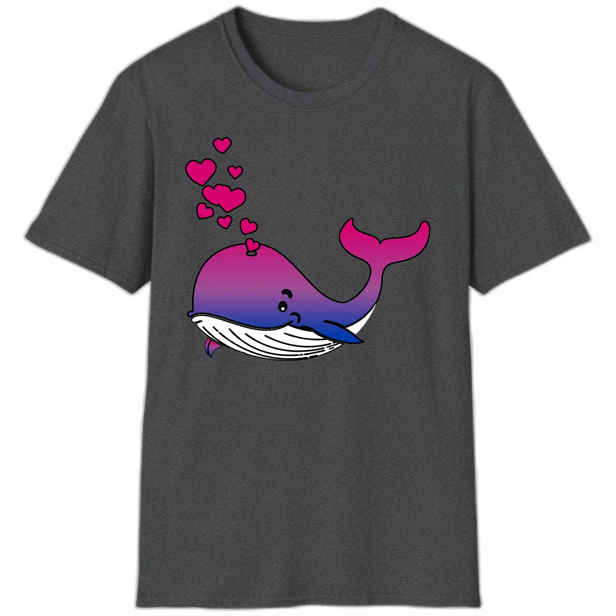 Illustration of a gradient magenta and blue whale spouting pink hearts, representing love and ocean wildlife in Dark Heather