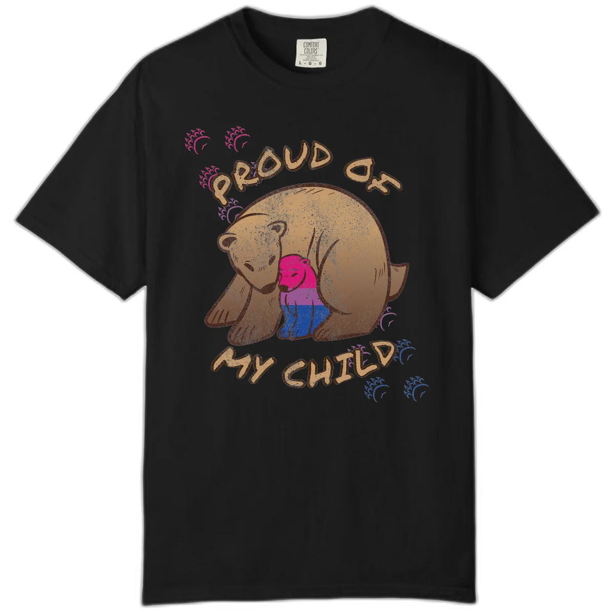 Brown bear holding rainbow pride flag with text reading 'Proud As My Chub' on gray background in Black