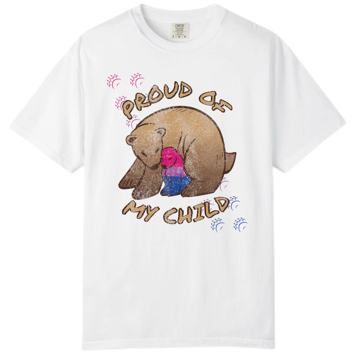 Brown bear holding rainbow pride flag with text reading 'Proud As My Chub' on gray background in White