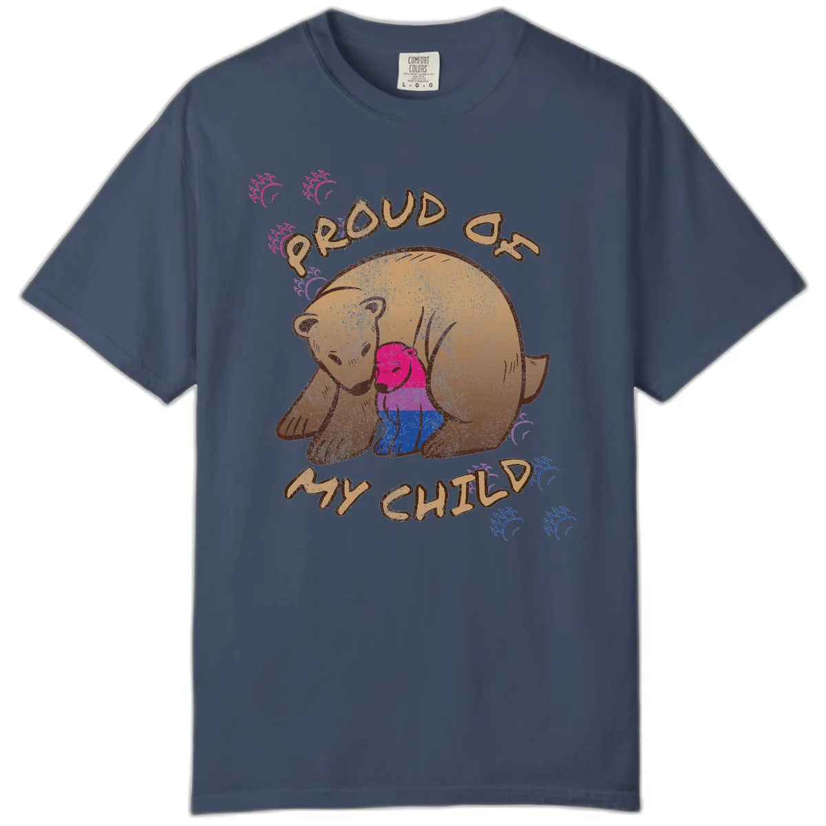 Brown bear holding rainbow pride flag with text reading 'Proud As My Chub' on gray background in Midnight