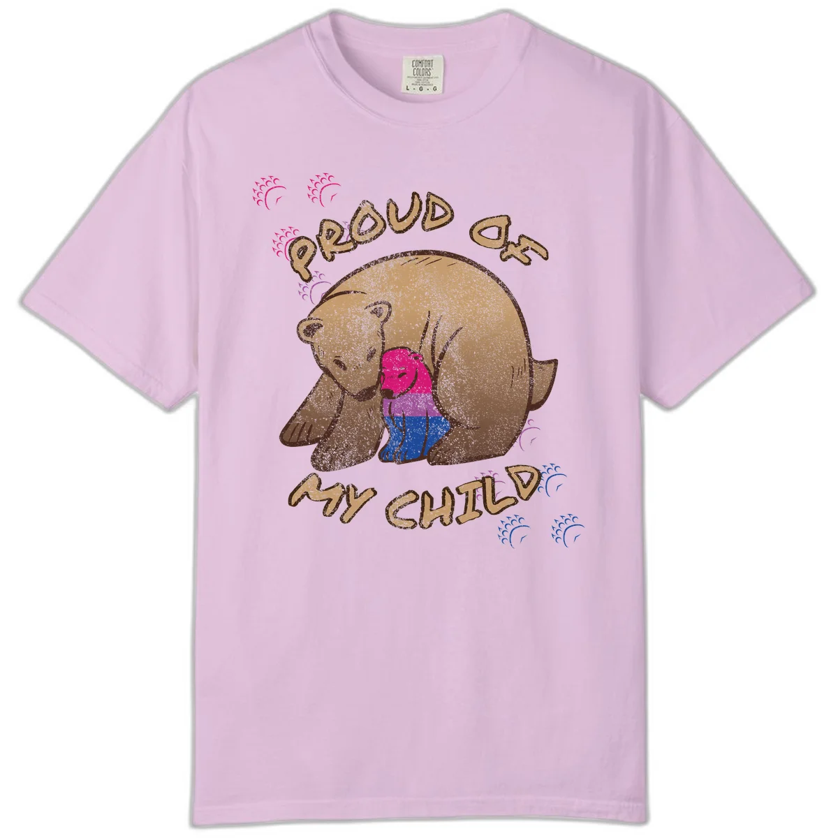 Brown bear holding rainbow pride flag with text reading 'Proud As My Chub' on gray background in Orchid