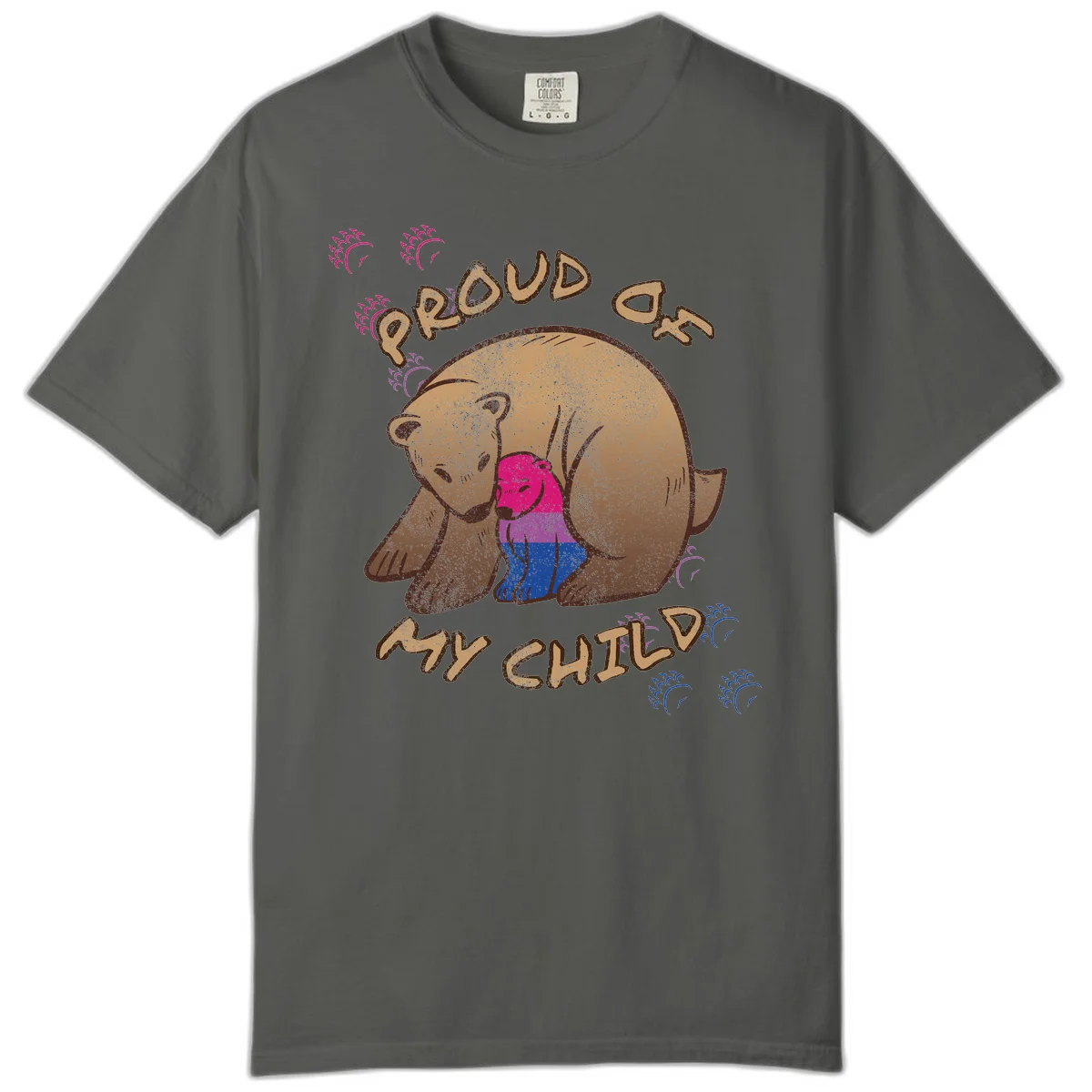 Brown bear holding rainbow pride flag with text reading 'Proud As My Chub' on gray background in Pepper