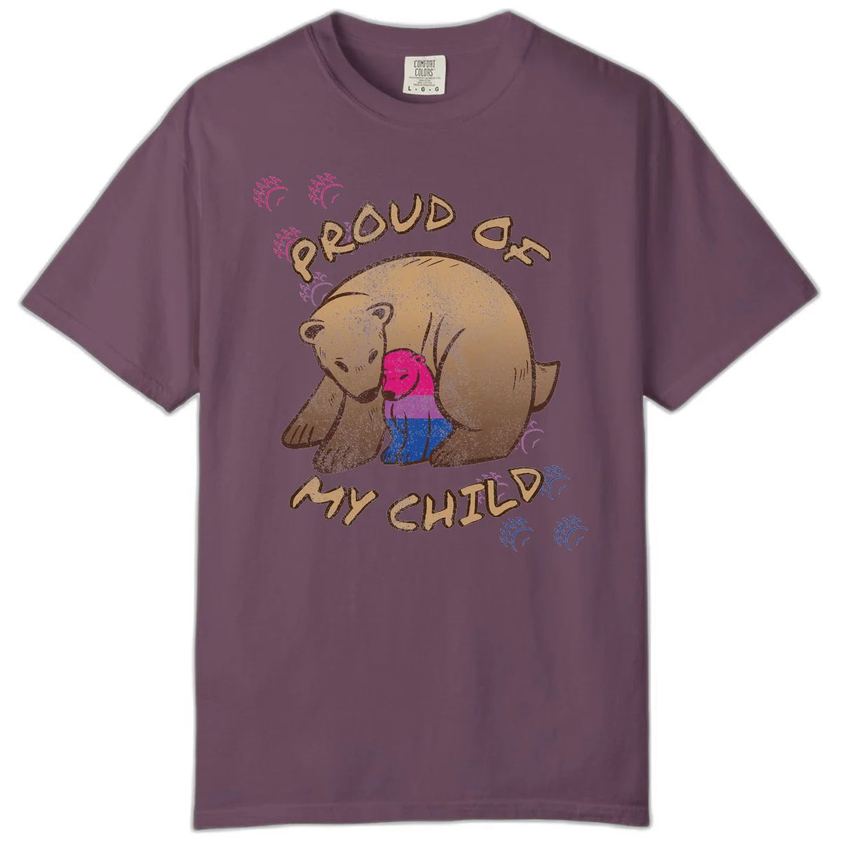 Brown bear holding rainbow pride flag with text reading 'Proud As My Chub' on gray background in Berry