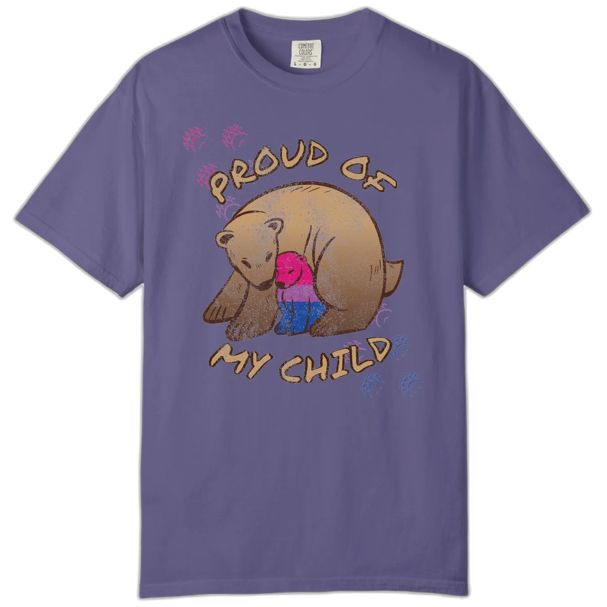 Brown bear holding rainbow pride flag with text reading 'Proud As My Chub' on gray background in Grape