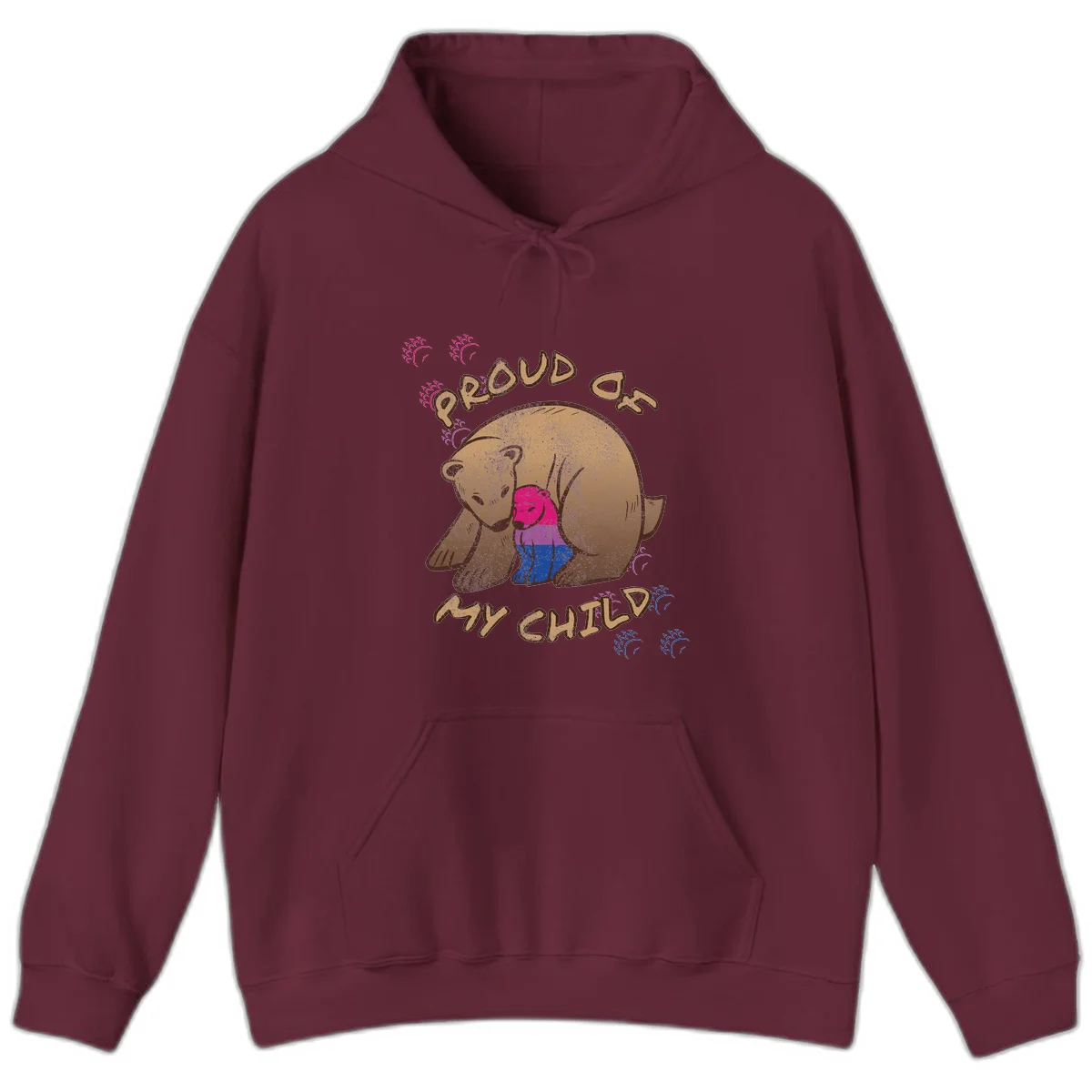 Brown bear holding rainbow pride flag with text reading 'Proud As My Chub' on gray background in Maroon