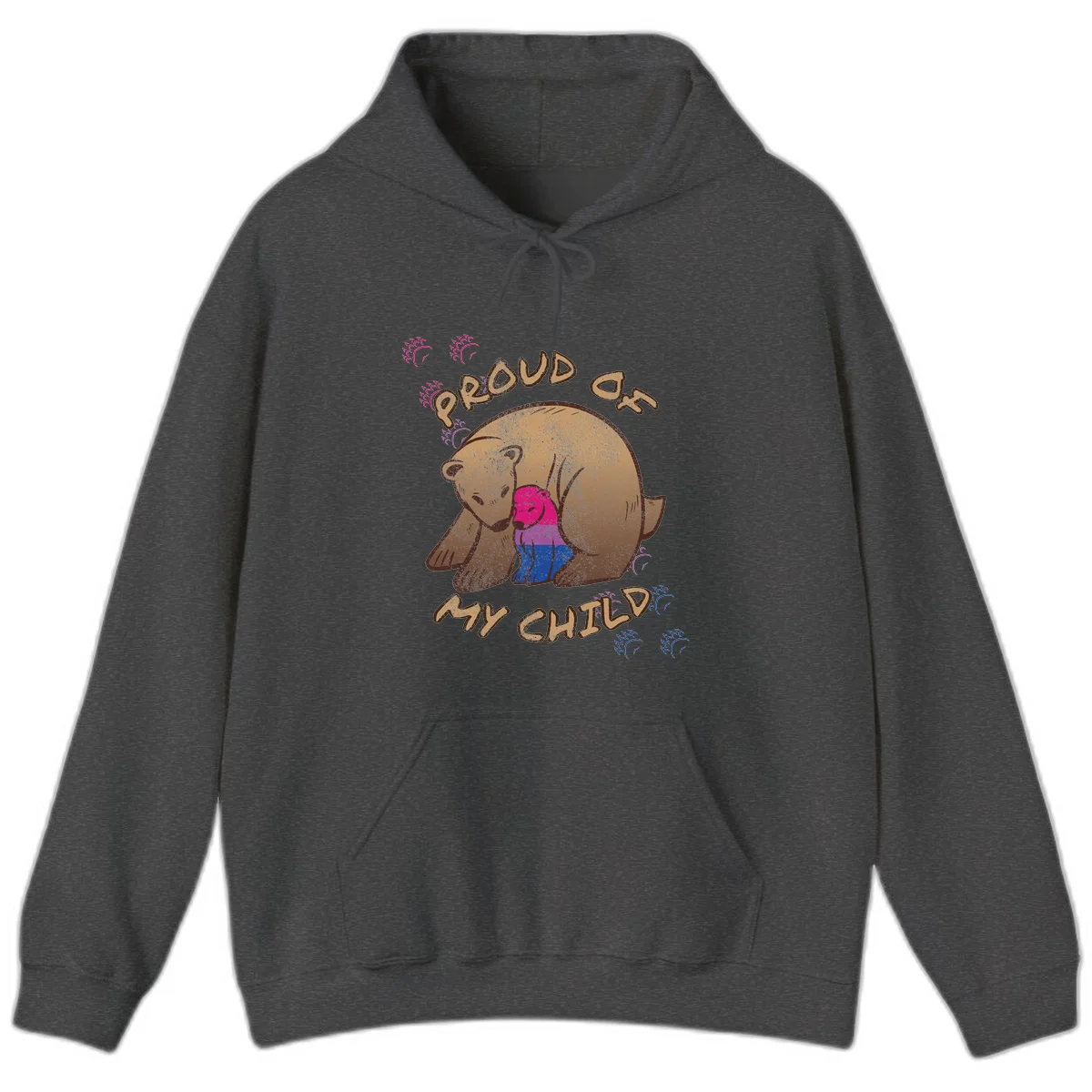Brown bear holding rainbow pride flag with text reading 'Proud As My Chub' on gray background in Dark Heather