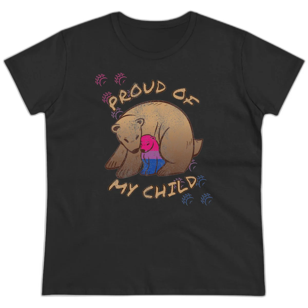 Brown bear holding rainbow pride flag with text reading 'Proud As My Chub' on gray background in Black