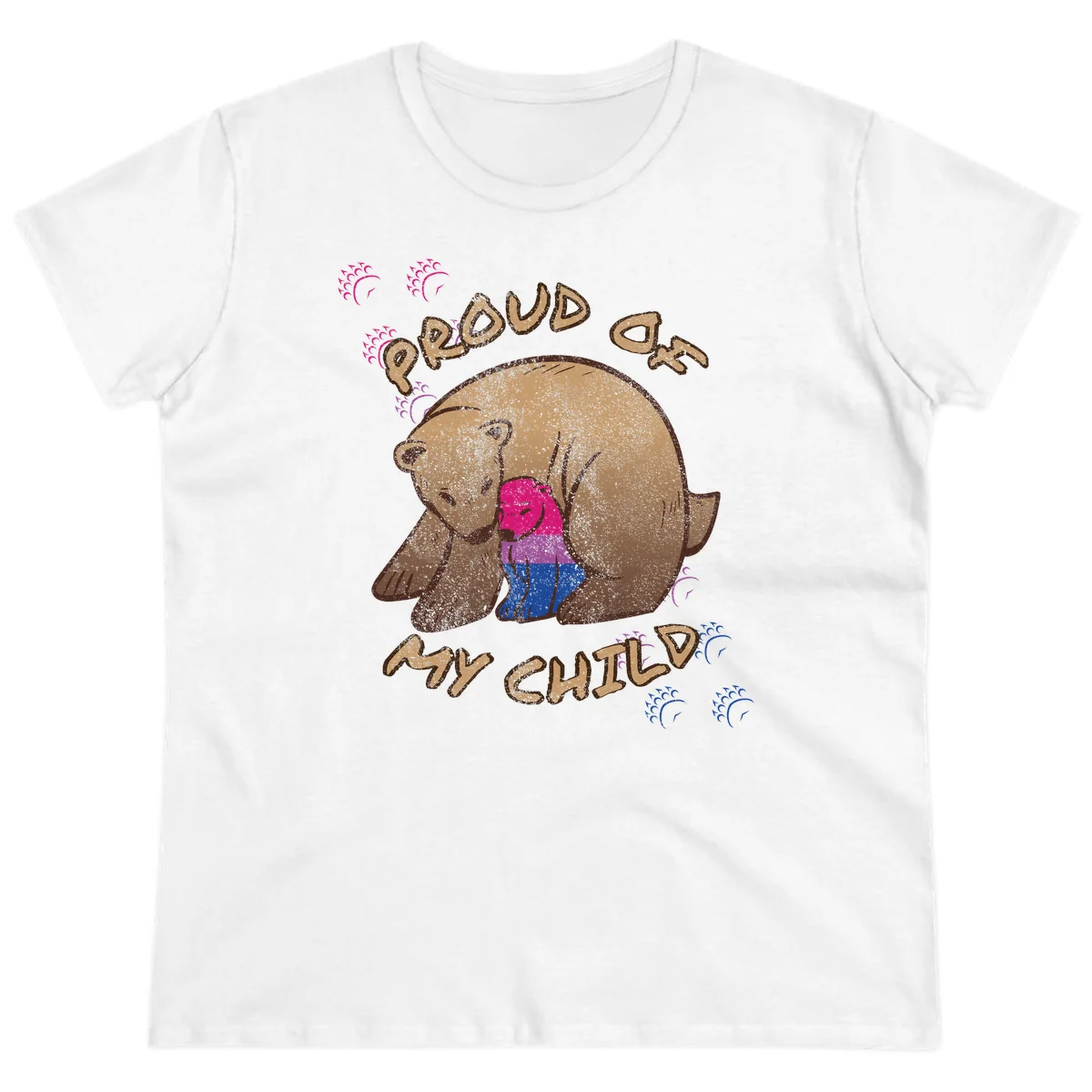 Brown bear holding rainbow pride flag with text reading 'Proud As My Chub' on gray background in White