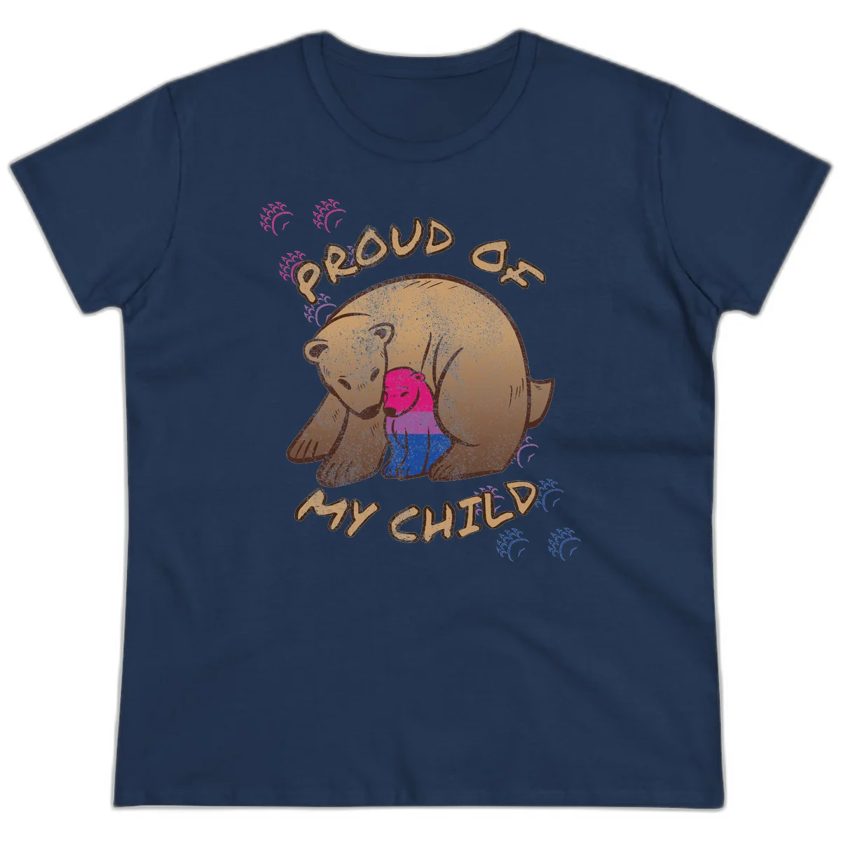 Brown bear holding rainbow pride flag with text reading 'Proud As My Chub' on gray background in Navy