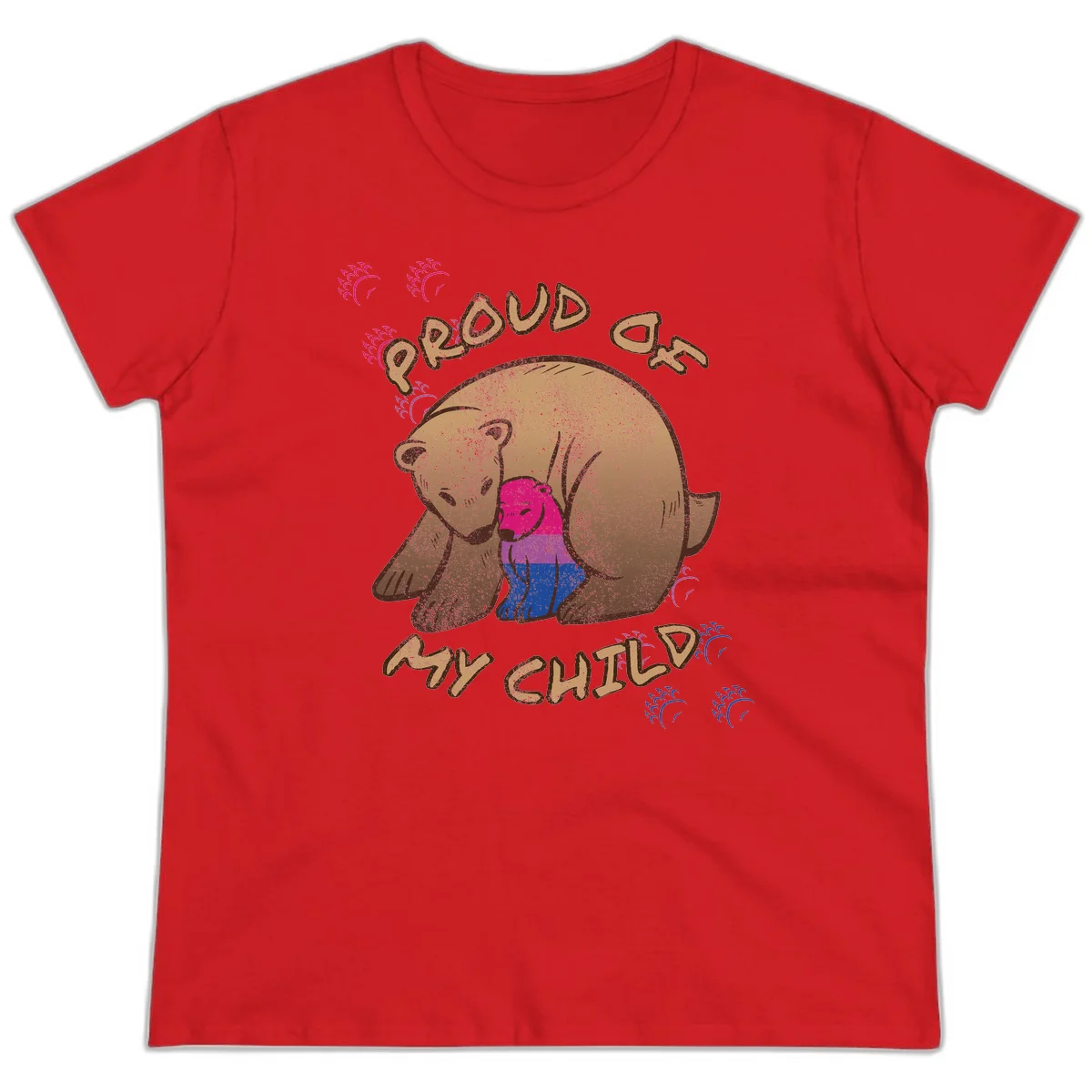 Brown bear holding rainbow pride flag with text reading 'Proud As My Chub' on gray background in Red