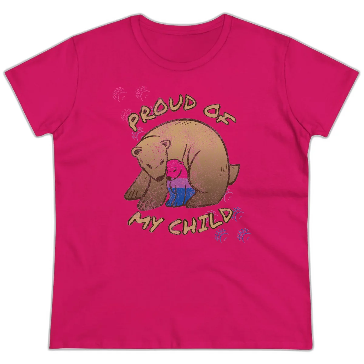 Brown bear holding rainbow pride flag with text reading 'Proud As My Chub' on gray background in Heliconia