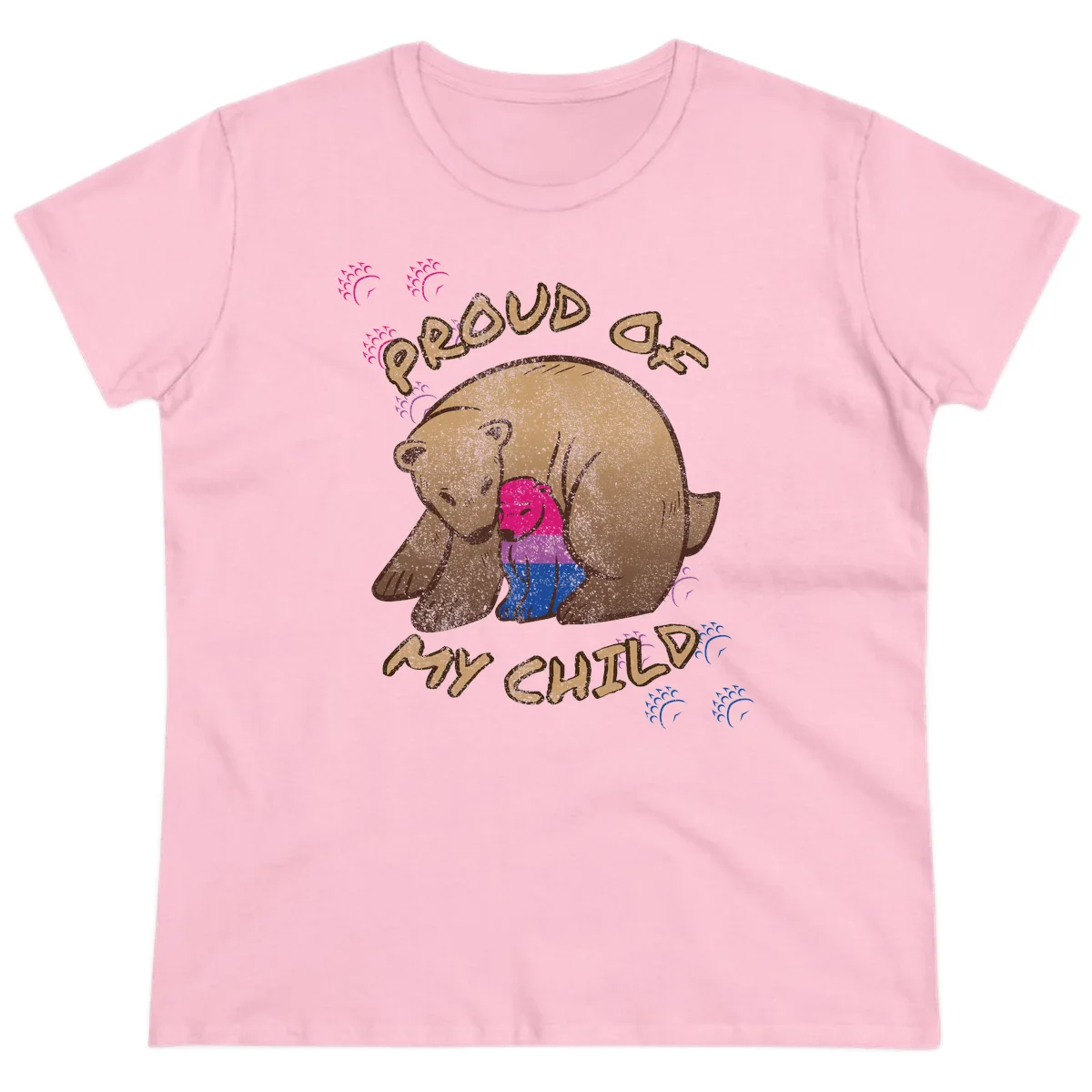 Brown bear holding rainbow pride flag with text reading 'Proud As My Chub' on gray background in Light Pink