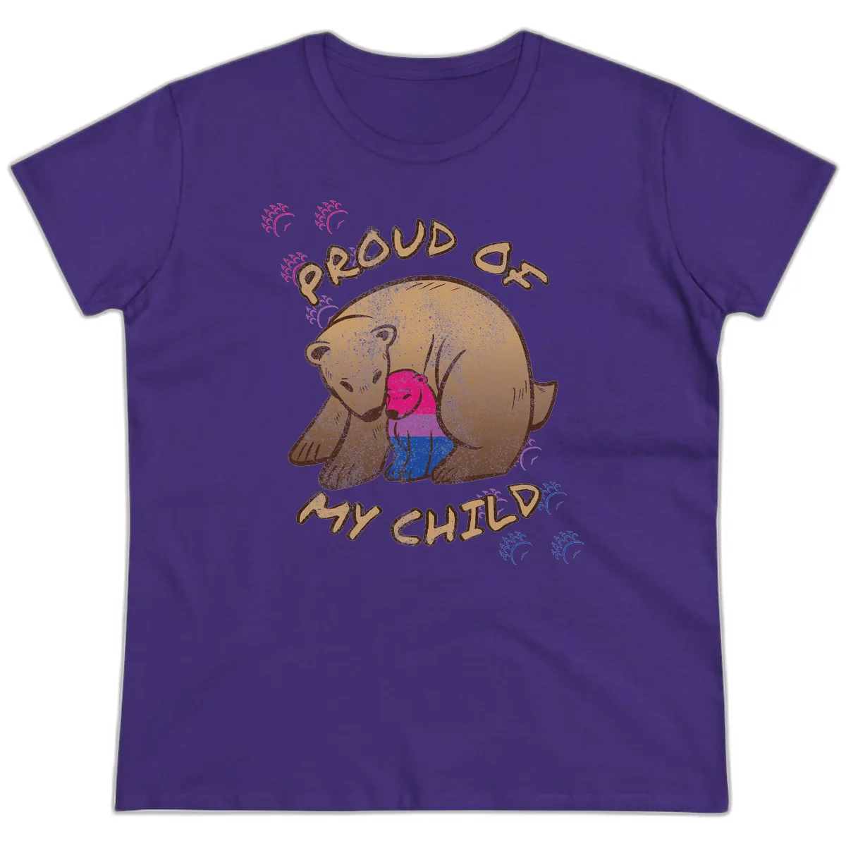 Brown bear holding rainbow pride flag with text reading 'Proud As My Chub' on gray background in Purple