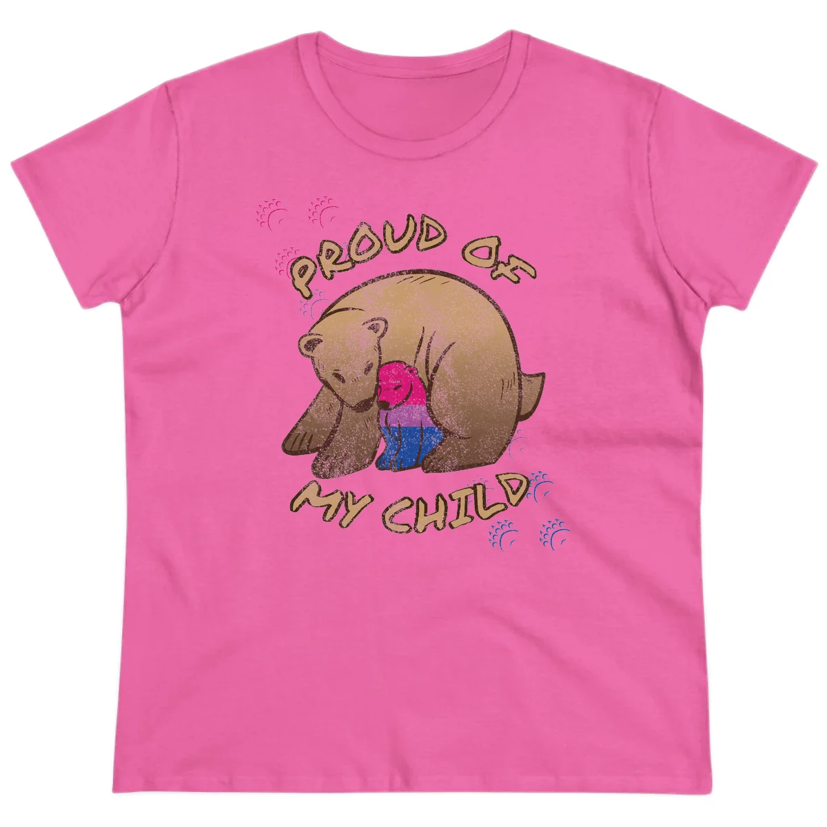 Brown bear holding rainbow pride flag with text reading 'Proud As My Chub' on gray background in Azalea