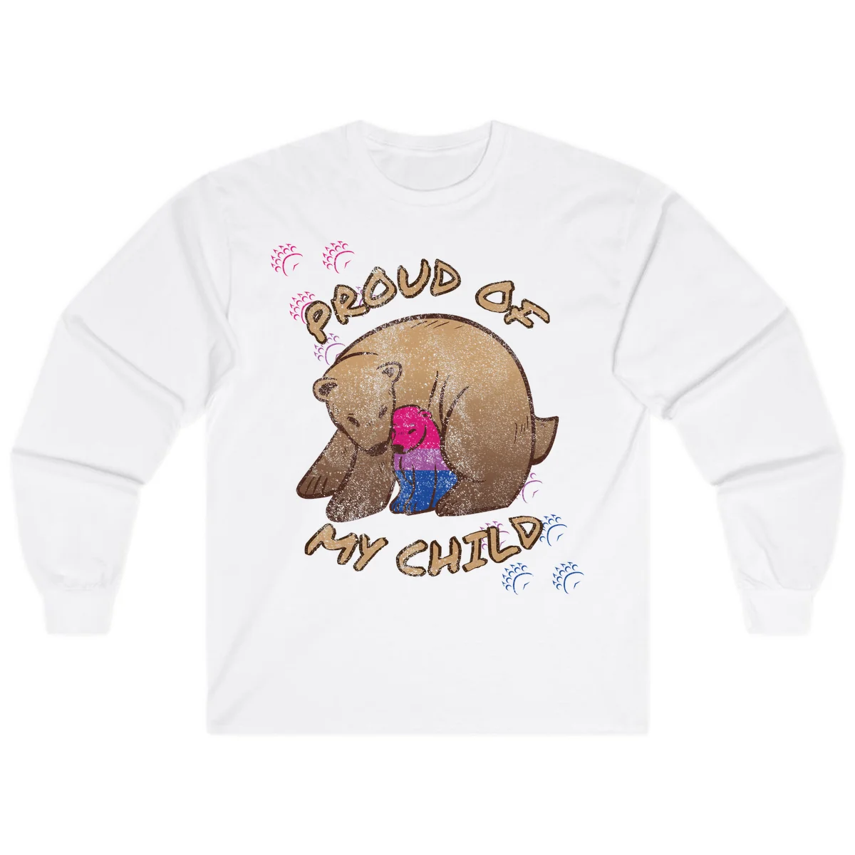 Brown bear holding rainbow pride flag with text reading 'Proud As My Chub' on gray background in White