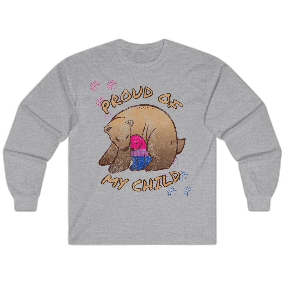 Brown bear holding rainbow pride flag with text reading 'Proud As My Chub' on gray background in Sport Grey