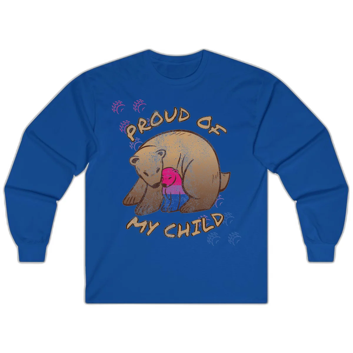 Brown bear holding rainbow pride flag with text reading 'Proud As My Chub' on gray background in Royal