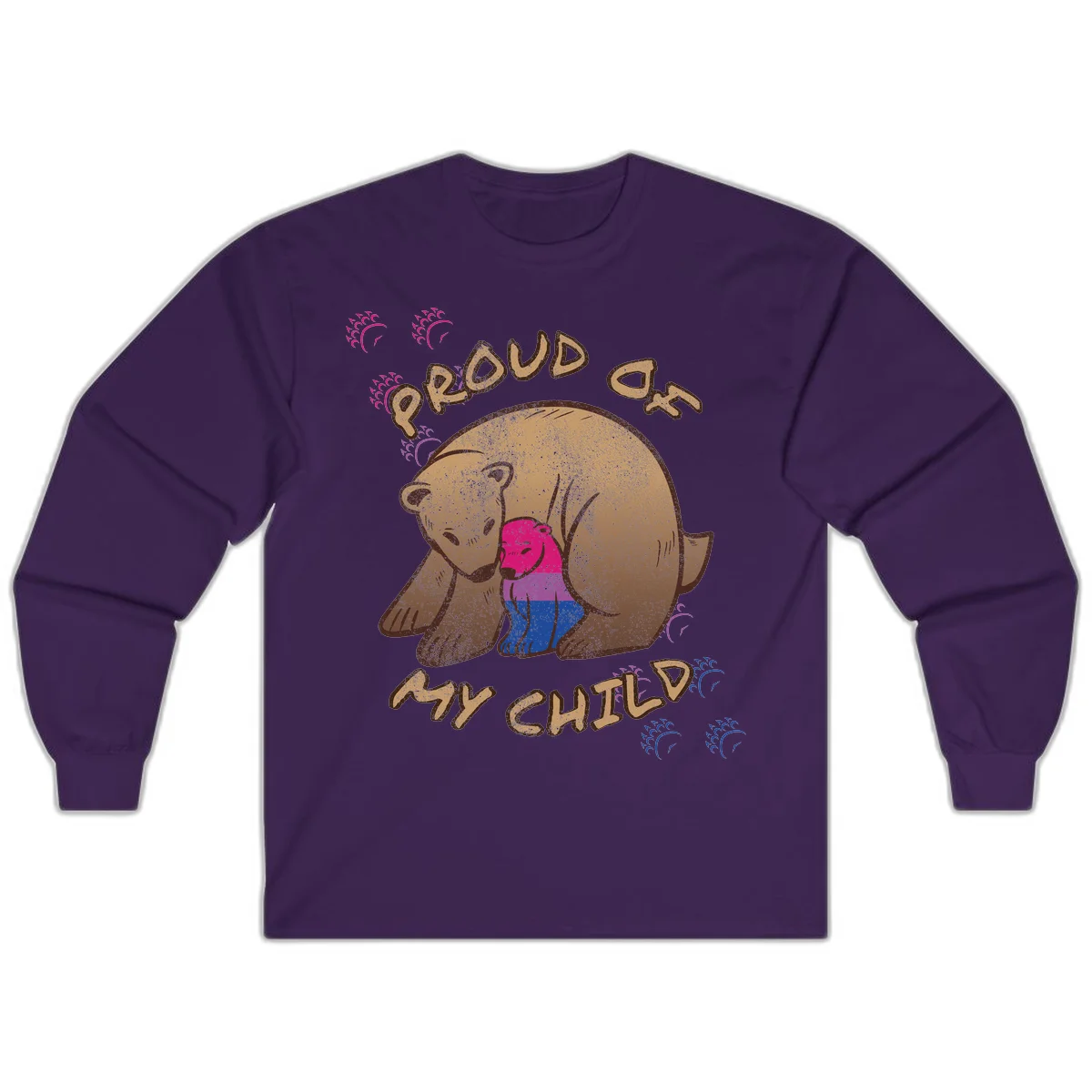 Brown bear holding rainbow pride flag with text reading 'Proud As My Chub' on gray background in Purple