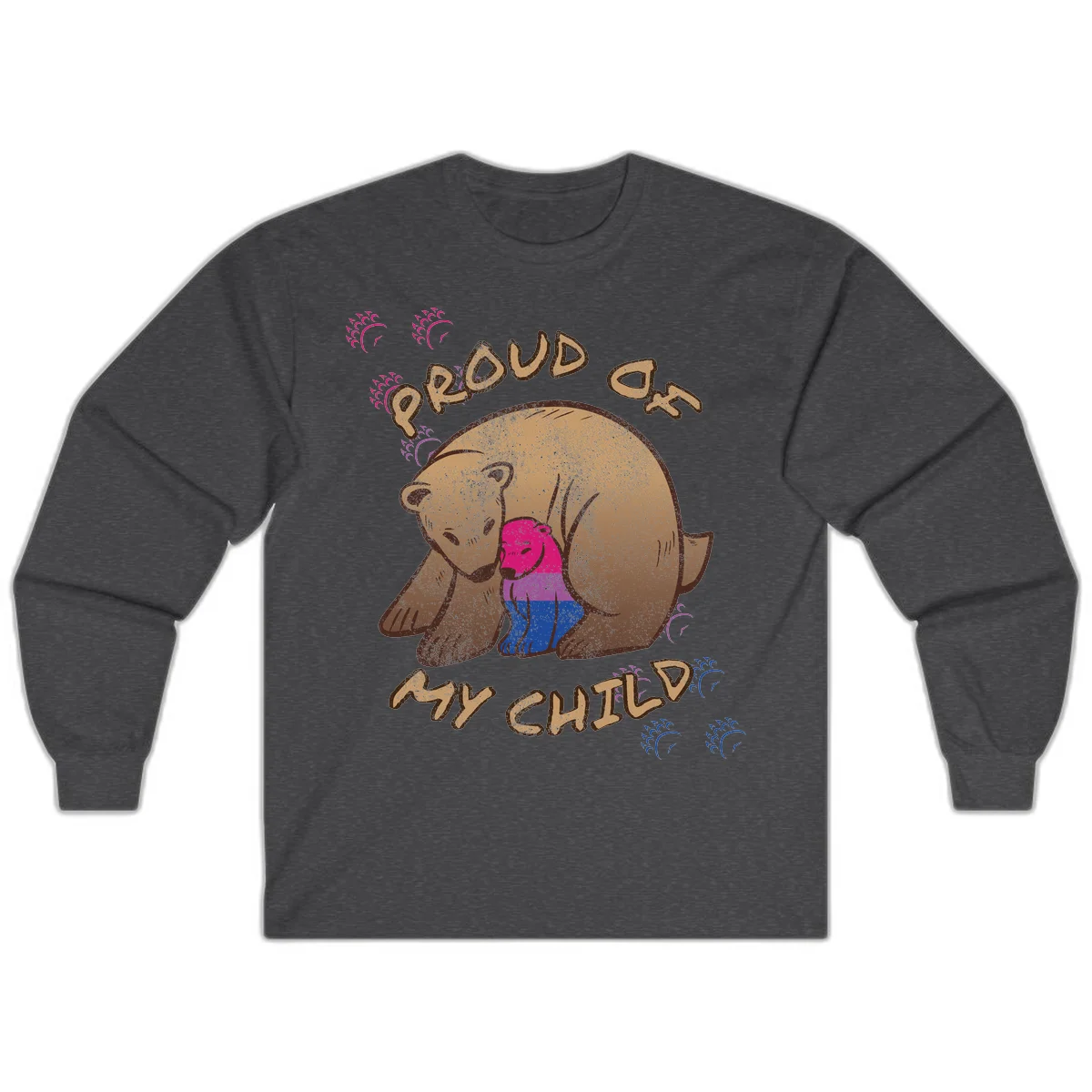 Brown bear holding rainbow pride flag with text reading 'Proud As My Chub' on gray background in Dark Heather
