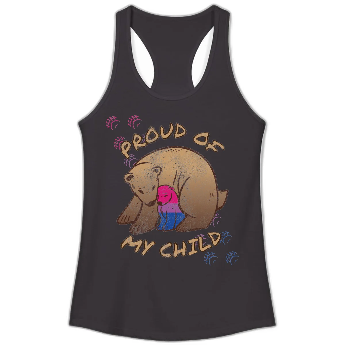 Brown bear holding rainbow pride flag with text reading 'Proud As My Chub' on gray background in Black