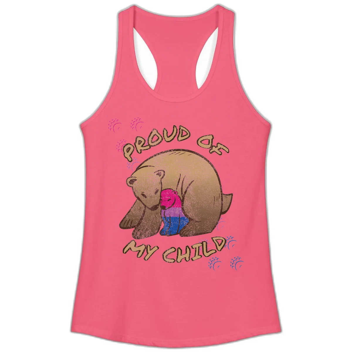 Brown bear holding rainbow pride flag with text reading 'Proud As My Chub' on gray background in Hot Pink