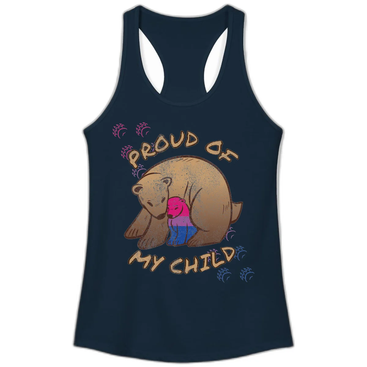 Brown bear holding rainbow pride flag with text reading 'Proud As My Chub' on gray background in Solid Midnight Navy