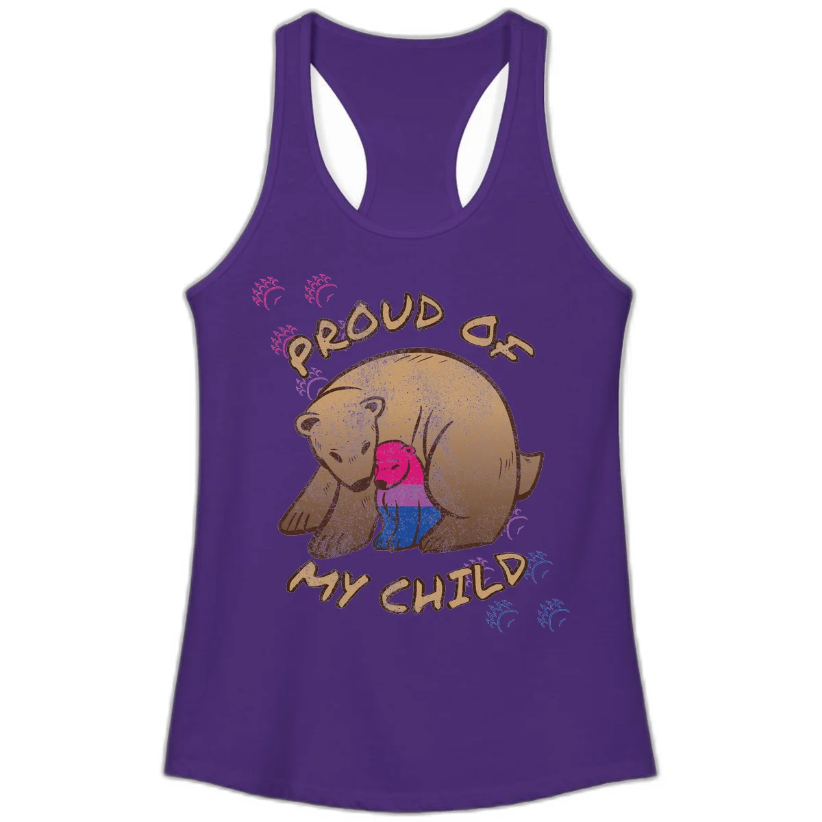 Brown bear holding rainbow pride flag with text reading 'Proud As My Chub' on gray background in Solid Purple Rush