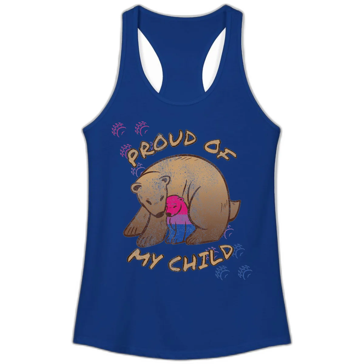 Brown bear holding rainbow pride flag with text reading 'Proud As My Chub' on gray background in Solid Royal