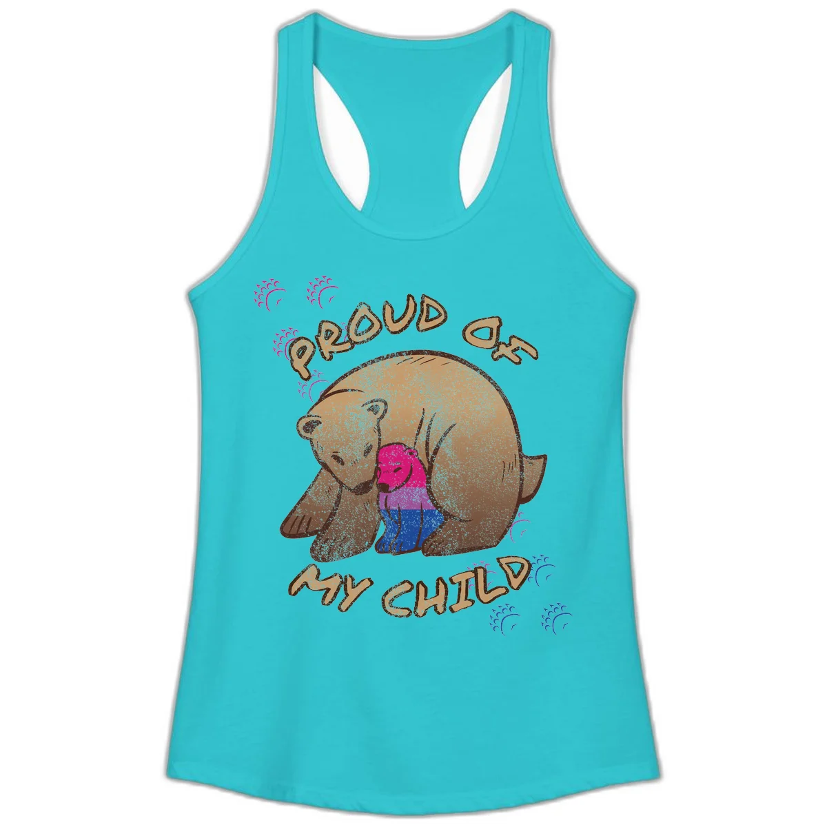 Brown bear holding rainbow pride flag with text reading 'Proud As My Chub' on gray background in Solid Tahiti Blue