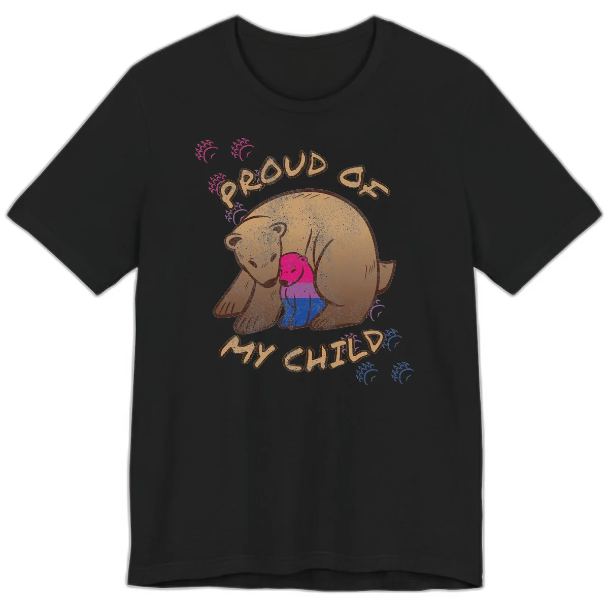 Brown bear holding rainbow pride flag with text reading 'Proud As My Chub' on gray background in Black