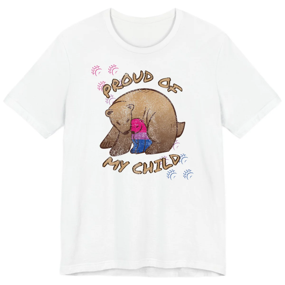 Brown bear holding rainbow pride flag with text reading 'Proud As My Chub' on gray background in White