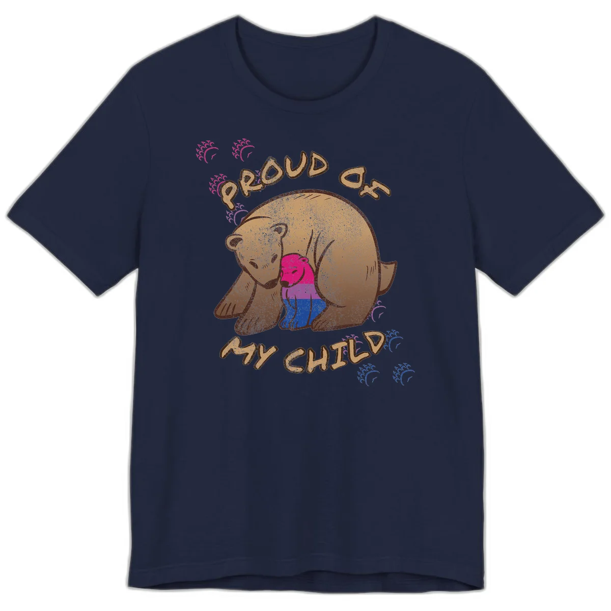 Brown bear holding rainbow pride flag with text reading 'Proud As My Chub' on gray background in Navy