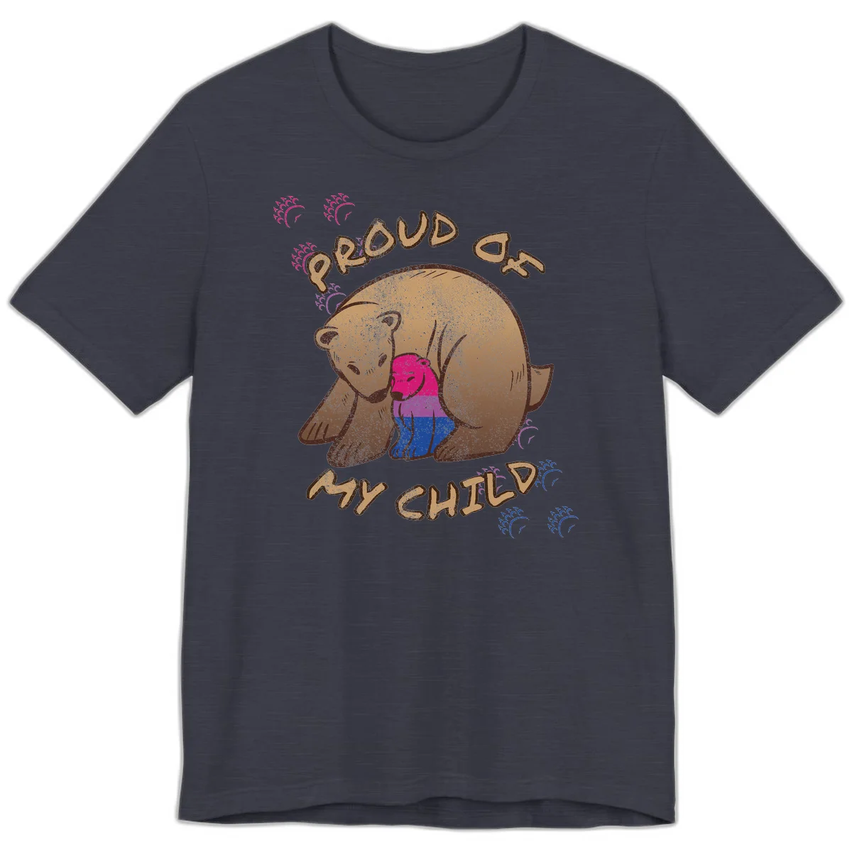 Brown bear holding rainbow pride flag with text reading 'Proud As My Chub' on gray background in Heather Midnight Navy