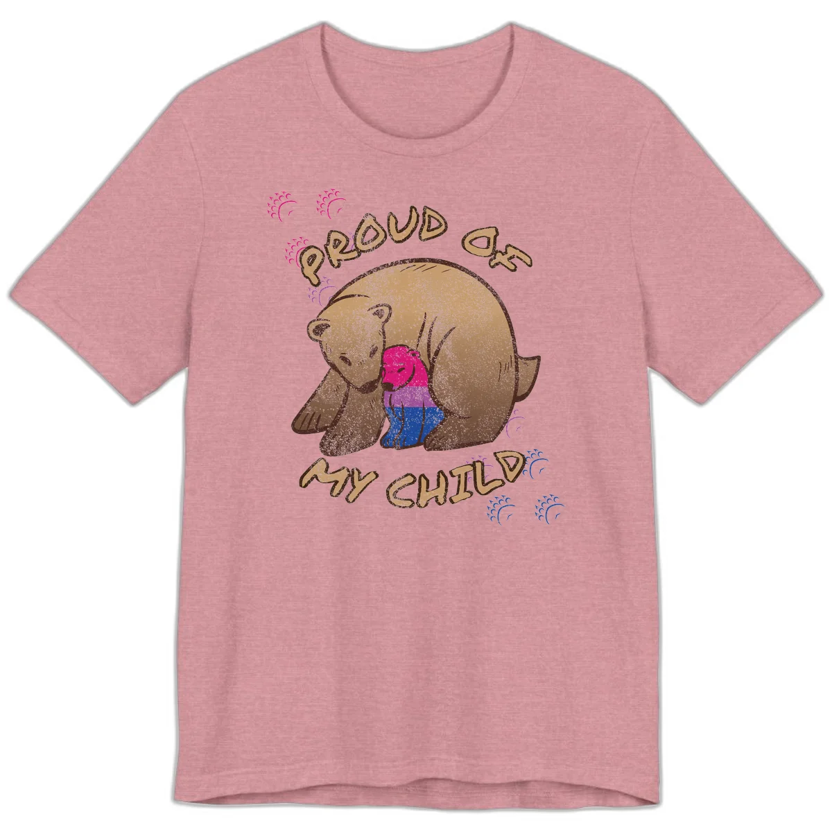 Brown bear holding rainbow pride flag with text reading 'Proud As My Chub' on gray background in Heather Orchid