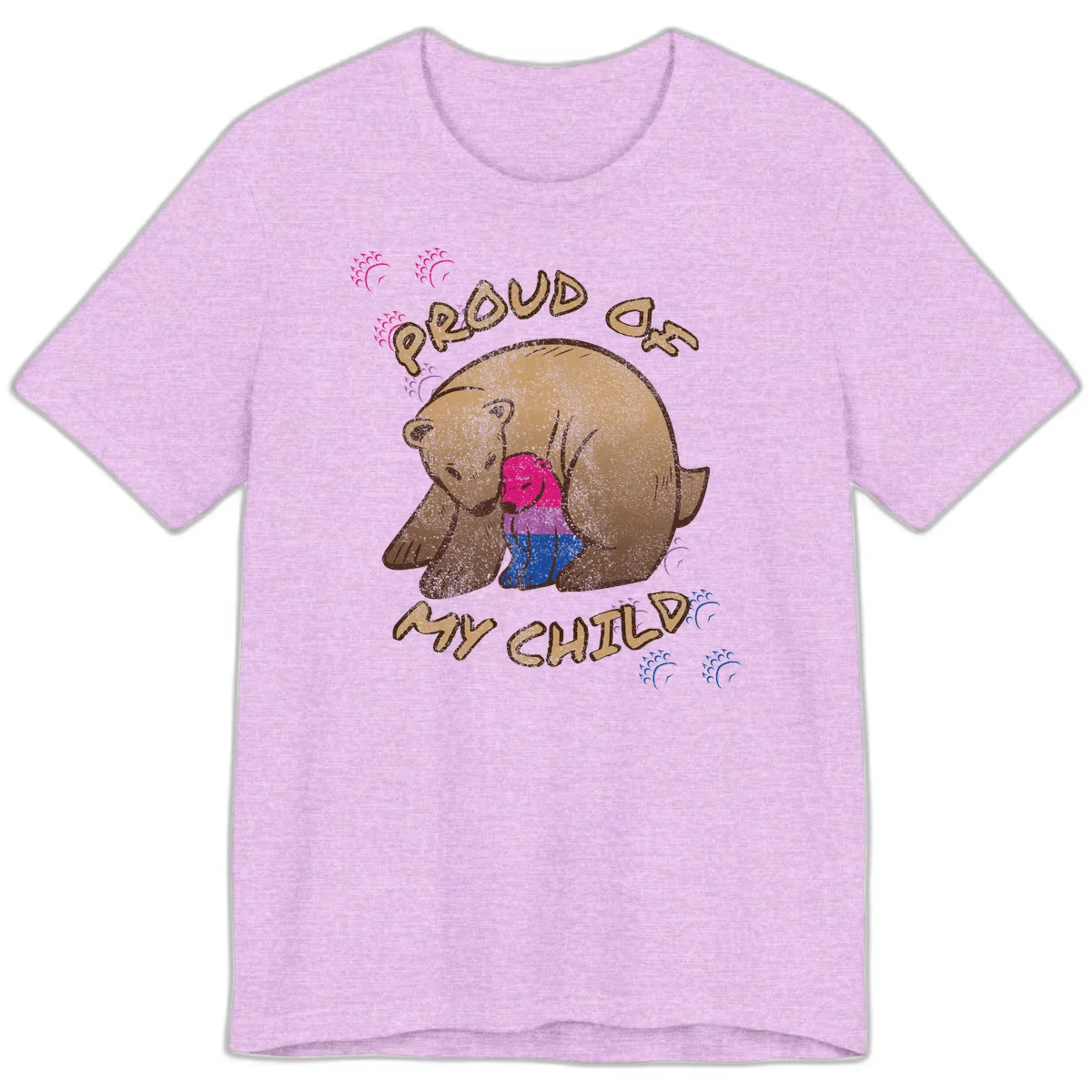 Brown bear holding rainbow pride flag with text reading 'Proud As My Chub' on gray background in Heather Prism Lilac