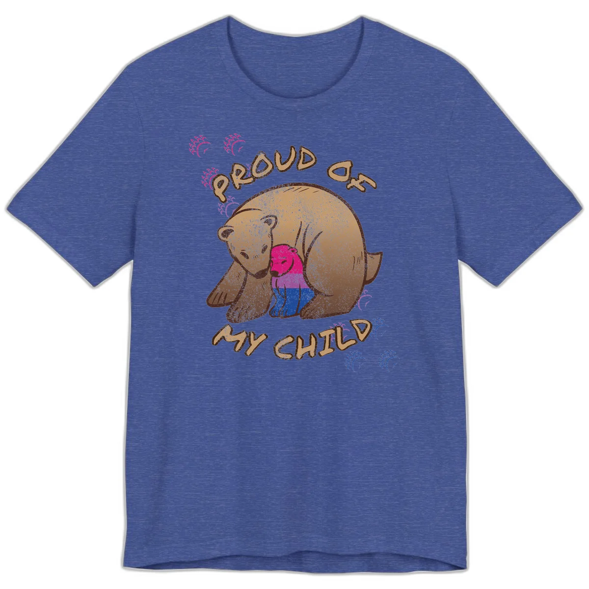 Brown bear holding rainbow pride flag with text reading 'Proud As My Chub' on gray background in Heather True Royal
