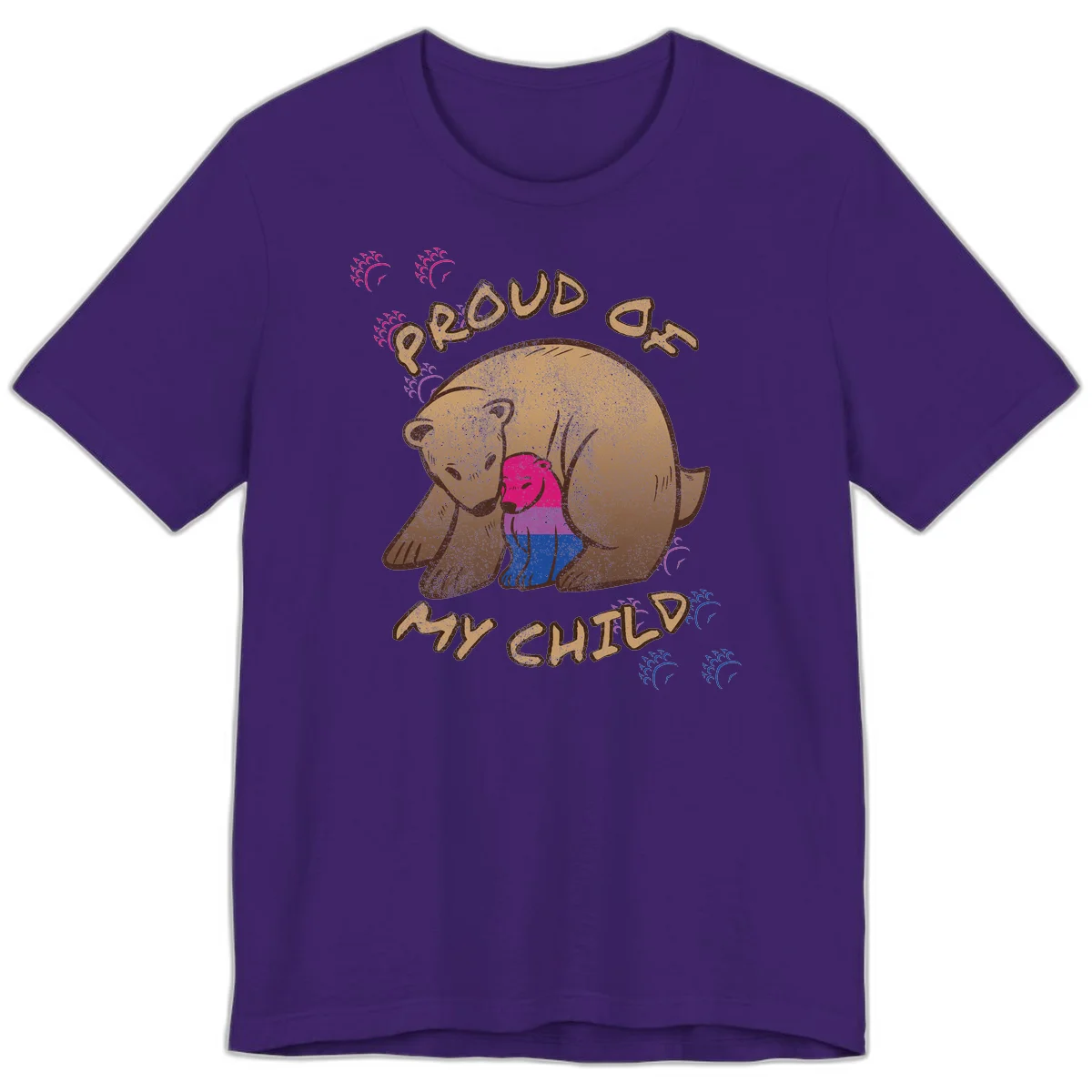 Brown bear holding rainbow pride flag with text reading 'Proud As My Chub' on gray background in Team Purple